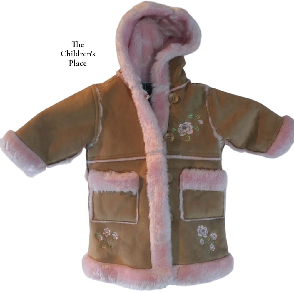 The Children's Place Baby Girl Faux Suede Sherpa Coat Pink Hooded 6-9M
